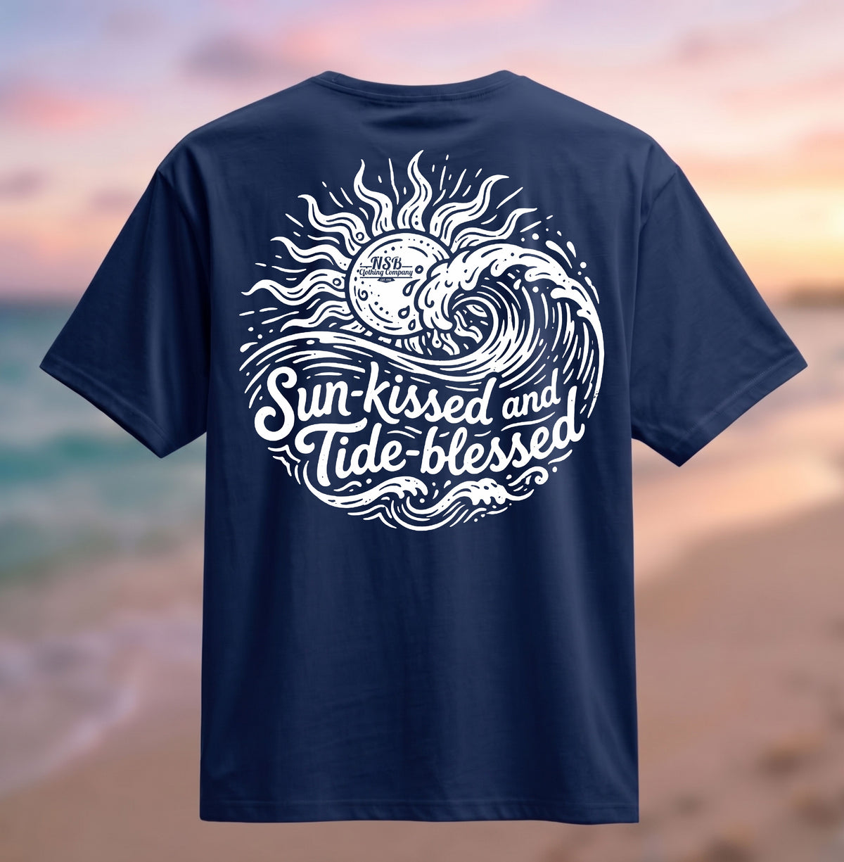 Sun-Kissed & Tide-Blessed T-Shirt - Navy – New Smyrna Beach souvenir T-shirt
